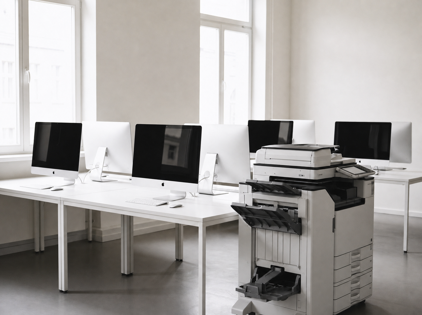Computer e stampante multifunzione in ufficio